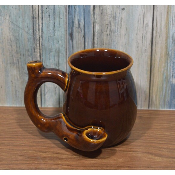 Wake and Bake Mug Pipe Ceramic Smoking Coffee Cup Brown Rustic Design - Picture 1 of 9